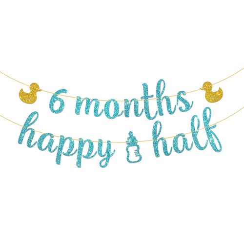 Happy Half Birthday Banner, Baby Shower Party Decoration Favors, Baby 6 Months Happy Half feeding bottle Sign Banner, 1/2 Birthday Baby Shower Party Supplies, Sky Blue, 6.3 Feet