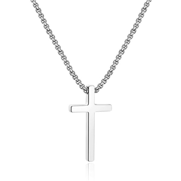 Ursteel Easter Gifts for Teen Boys Men - Cross Necklace for Men, Stainless Steel Cross Chain Silver Mens Cross Necklace 18 Inch, Christian Jewelry Cross Necklace for Men Gifts