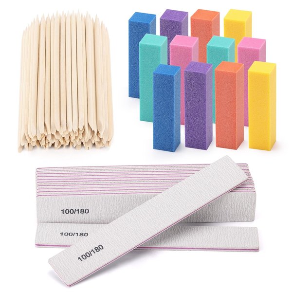 12 Pcs 100/180 Grit Nail Files for Acrylic Nails and 12 Pcs Buffer Block, 100 Pcs Orange Sticks for Nails, Rectangle Double Sides Emery Boards Fingernail Files - Professional Manicure Tools Kit