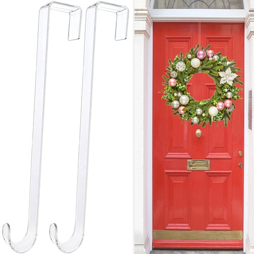 Wreath Hangers for Front Door,15 in Door Hanger Hook Clear Wreath Hanger,2 Pack Non Scratch Over The Door Hooks Fall Halloween Christmas Decorations Indoor Outdoor,Welcome Sign for Front Door Decor