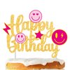 Preppy Happy Birthday Cake Topper Preppy Smile Face Birthday Party Decoration Smile Face Lightning Star Theme Party Cake Pick for Preppy Birthday Back to School Party Bachelorette Party Supplies