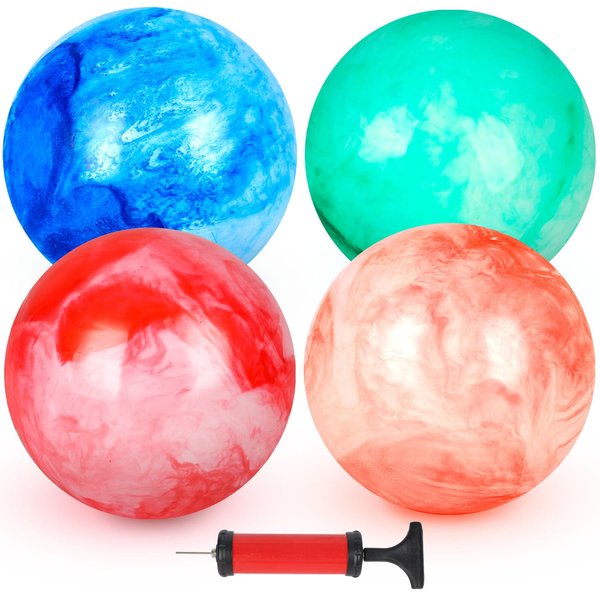 AMOR PRESENT 4PCS Playground Balls for Kids, 9 Inches Rainbow Dodgeballs Marbleized Bouncy Balls, Rubber Inflatable Kickball with Air Pump for Indoor Outdoor Sport Games