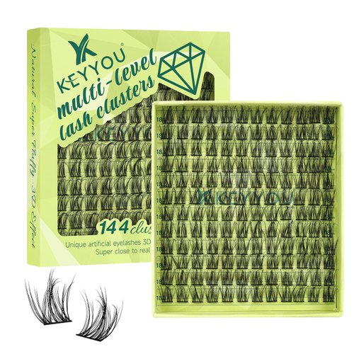 Lash Clusters 3D Effect Eyelash Clusters KEYYOU 144pcs D Curl 18mm Wispy Lashes Fluffy Cluster Lashes Natural Soft DIY Lash Extension(Aura-D-18)