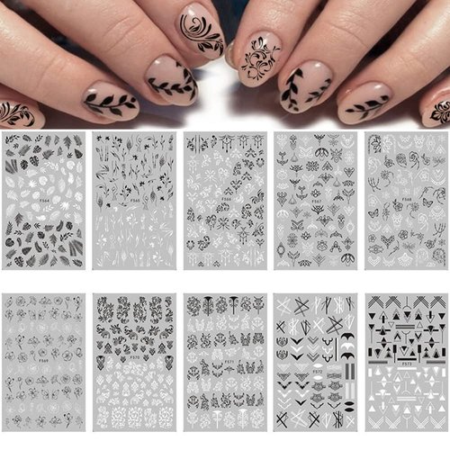 10 Sheets Black White Leaves Flowers Nail Stickers Decals,3D Self- Adhesive Retro Flower Vintage Vine Rose Flower Butterflies Nail Design Classic Fashion Simple Self Adhesive Sticker for Women Girls Nails Art DIY Decoration