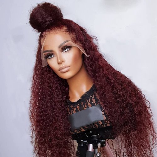 SISIFIRE Dark Burgundy Water Wave Lace Wig Glueless Lace Front Wigs for Women 99J Natural Curly Wet and Wavy Synthetic Wig Heat Resistant Hair
