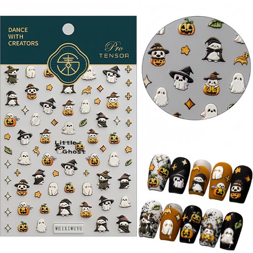5D Embossed Halloween Nail Art Stickers Cute Ghost Self-Adhesive Pegatinas Uñas with Stars Leaf Pumpkin Designs Nail Decals Halloween DIY Manicure Supplies for Women Girls Nail Art Decoration 1Sheets