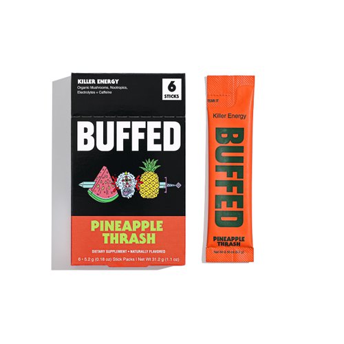 BUFFED Energy Powder Stick Packs, Drink Mix | Clean, Healthy Boost Packets | 150mg Caffeine + Hydration | Nootropics, Organic Mushrooms, B-Vitamins, Electrolytes | 6 Pack-Pineapple Thrash