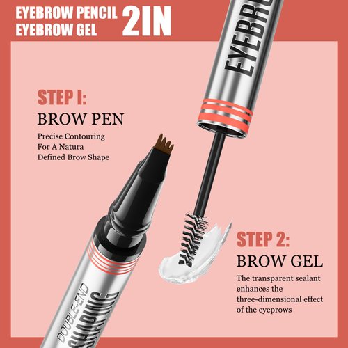 Microblading Eyebrow Pen - 2-in-1 Dual-Ended Eyebrow Pen with 4-Fork-Tip & Eyebrow Brush and Sealing Brow Gel, Creates Natural Looking Brows Effortlessly (Light Brown)