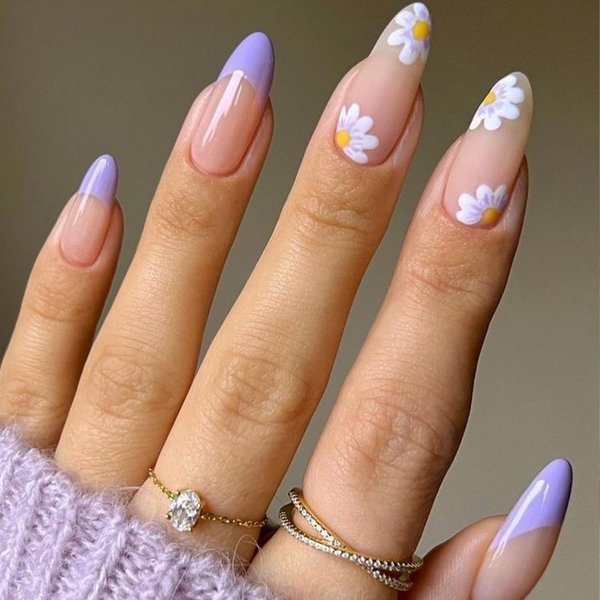 Purple French Tip Press on Nails, Short Almond Nude Fake Nails with Daisy, Short Oval Round Glue on Nails Medium Stick on Nails Gel Set, Glitter Spring Summer Acrylic Stiletto False Nail Kit for Women