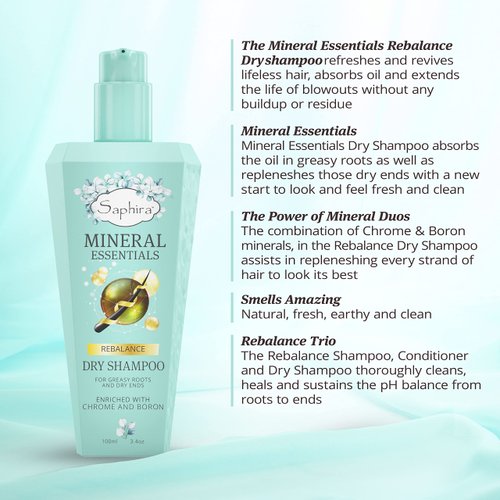 SAPHIRA MINERAL ESSENTIALS Rebalance Dry Shampoo for Greasy Roots and Dry Ends, Revives Hair and Absorbs Oil for a Long-Lasting Blowout, 1 Ounce