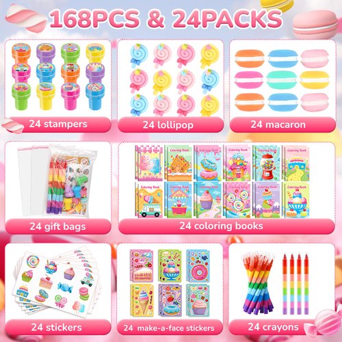 BenLouis 168Pcs Candyland Party Favors Ice Cream Donut Coloring Book Crayon Stickers Set Bulk for Kids Cupcake Lollipop Sweet Treats Birthday Gift Bag Desserts Pinata Filler Classroom Reward Crafts