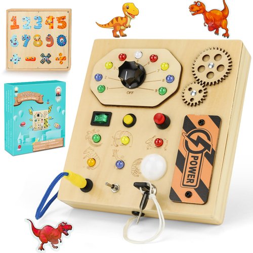 JAMIEWIN Montessori Busy Board with LED Light Switch for Toddlers 1-3, Wooden Sensory Board Travel Toys for Toddlers Baby, Montessori Toys Christmas Birthday Gifts for Boys Girls 1 + Year Old