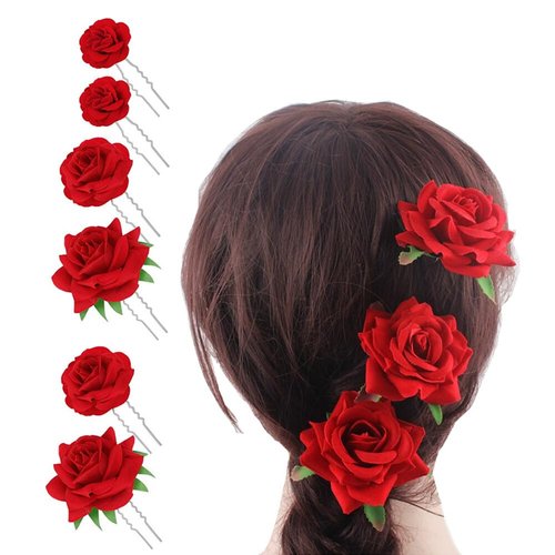 6Pcs U-Shape Red Rose Hair Clip Womens Bridal Flower Hair Pins Hair Accessories for Wedding Birth...