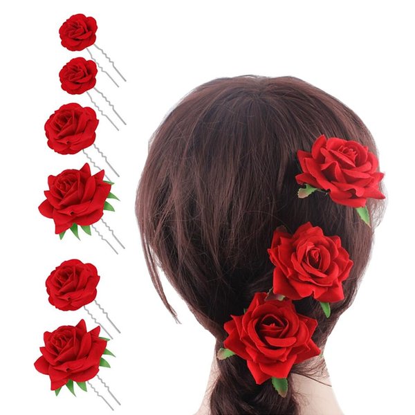 6Pcs U-Shape Red Rose Hair Clip Womens Bridal Flower Hair Pins Hair Accessories for Wedding Birthday Dance