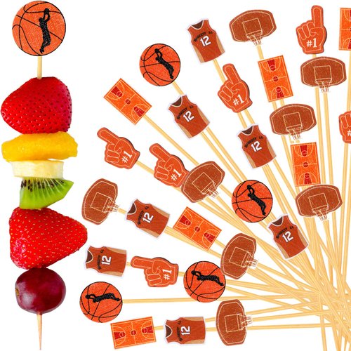 Pickmesh 400 Counts Cocktail Picks 4.72 Inches Disposable Bamboo Appetizers Skewers Sticks Long Toothpicks Fruit Sandwich Sticks for Sports Birthday Favor(Basketball)