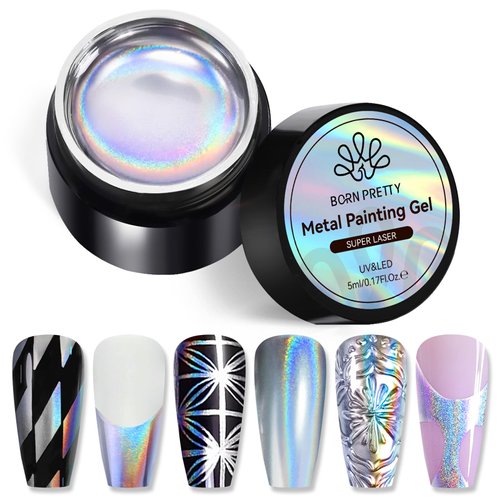 Born Pretty Metallic Painting Gel Holographic Silver Painted Gel Nail Polish 3D Metal Painting Ge...