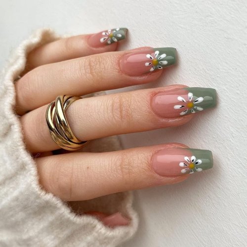 IMSOHOT Glossy Flower Press on Nails Medium Length Green Coffin Fake Nails French Cute False Nail...
