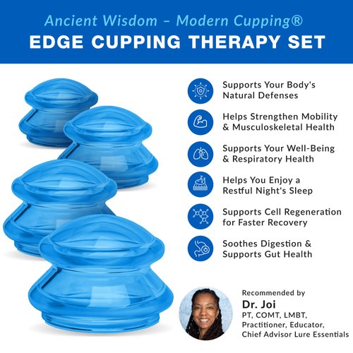 LURE Essentials Edge Cupping Set – Ultra Clear Blue Silicone Cupping Therapy Set for Cellulite Reduction and Myofascial Release - Massage Therapists and Home Use (Set of 4, Blue)