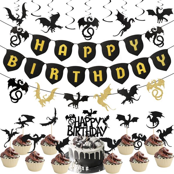 Zonon 44 Pieces Dragon Party Supplies Halloween Dragon Theme Cake Decoration Happy Birthday Hanging Banner Swirls Cupcake Toppers Set for Dragon Theme Birthday Party Supplies