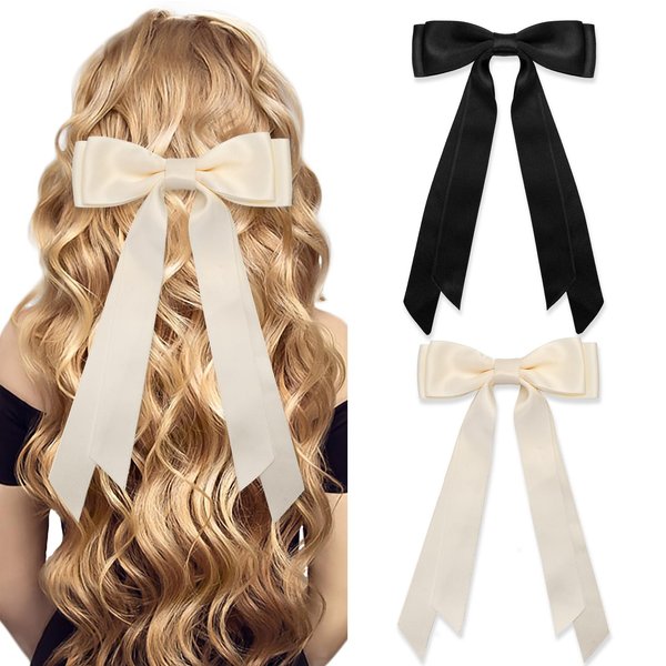 GOSALISU Hair Bows for Women 2 Pack Silky Satin Hair Ribbon Bow Ponytail Holder Hair Clips - Beige Black Hair Bows with Long Tail for Girls Birthday Gift - Hair Bow Barrettes Clips for Women Teens