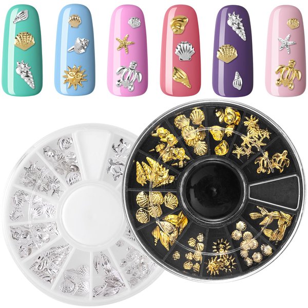 Mxxipp 2 Disc Ocean Theme Nail Charms, 3D Summer Beach Starfish Seashell Nail Accessories, Non-Faded Alloy Nail Art Gems Rhinestones Decorations for Manicure Design Embellishments- Silver & Gold