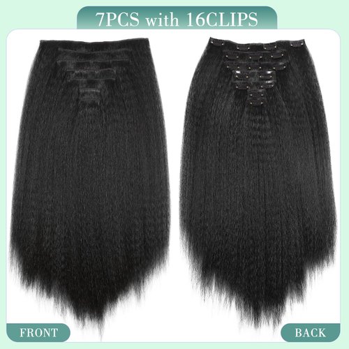 Quantum Love Kinky Straight Clips in Hair Extensions Full Head Yaki Straight Clip Ins for Black Women 18 Inches 7 Pieces Kinky Straight Synthetic Hair Extension