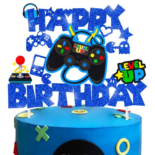 Video Game Birthday Cake Topper Game On Controllers GamePad Cake Decoration Glitter Video Game Theme Party Supplies for Gamer Kids Boys Favors Game Cake Picks Birthday Party Supplies(Blue)