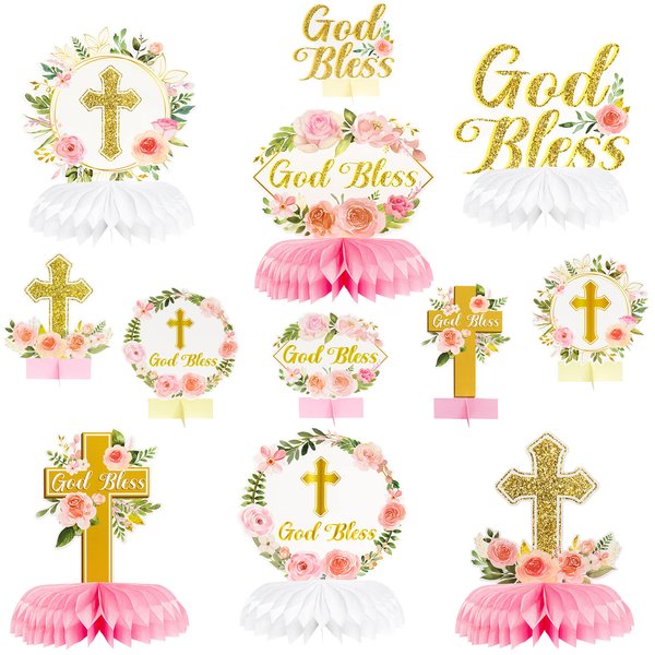 ANGOLIO 12Pcs Floral God Bless Decorations First Communion Honeycomb Centerpiece Double Sided Table Toppers for Baby Girl Baptism Party Decor Christening Celebration Religious Photo Props Decor Girls