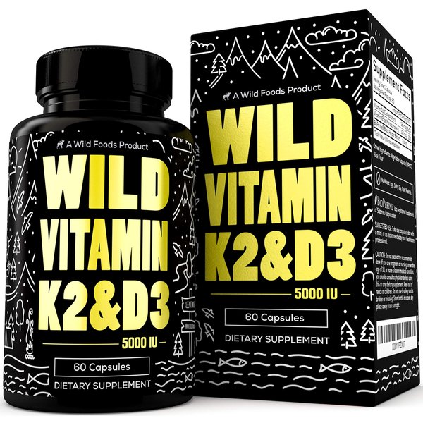 Wild Foods 5000iu Vitamin D3 + K2 | (100mcg Mk7) with Black Pepper Extract, Plant-Based, Non-GMO, Soy & Gluten-Free | Dietary Supplement | Made in USA | 60 Capsules