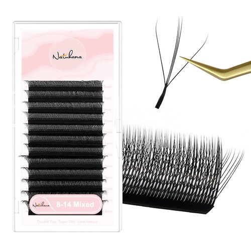 NATUHANA Sandwich Clover W Shape Eyelashes Extension Triple-Core 3D Premade Fans 0.07mm D Curl 8-14mm Mixed Tray Lash Extensions Blooming Flower Eyelash 12 Rows/Case (S3D black;0.07 D, 8-14 MIX)