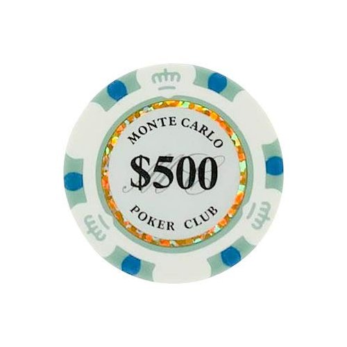 500 Dollar Monte Carlo Smooth 14 Gram Poker Chips - 100 Poker Chips (White Blue)