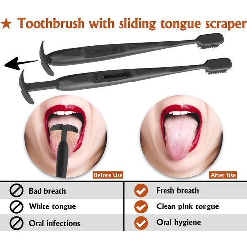 TOKII Toothbrush with Soft Bamboo Charcoal Bristles & Sliding Tongue Scraper Reduces Bad Breath | Improves Taste Buds | Waterproof Travel Pouch | Hygienic Holder | Color- Black & White