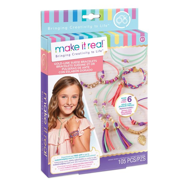 Make It Real: Gold-Link Suede Bracelets Kit - Create 6 Unique Cord & Tassel Charm Bracelets, 105 Pieces, Includes Play Tray, DIY Link & Bead Jewelry Kit, Tweens & Girls, Arts & Crafts, Kids Ages 8+
