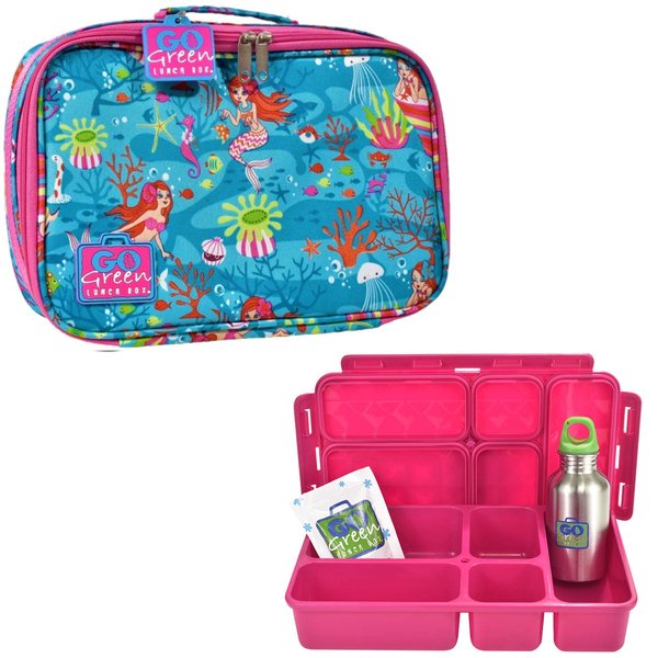 Go Green Lunch Box | Mermaid Ocean Leakproof Insulated Lunch Box Set for Boys Girls Kids | 5 Compartment Bento LeakProof Lunch Box | Insulated Lunch Bag | Beverage Bottle | Gel Ice Pack (Mermaids)