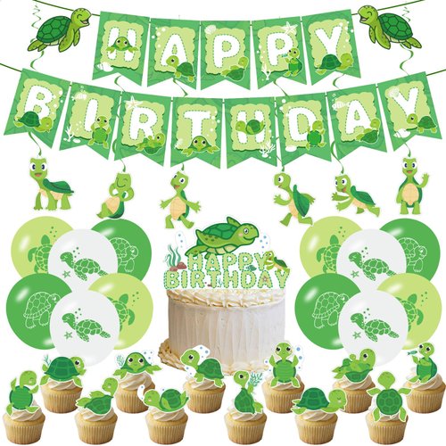 Chilfamy Turtle Party Decorations, Cute Turtle Party Supplies with Birthday Banner, Hanging Swirls, Green Turtle Baby Cake Toppers, Balloons for Kids Animal Theme Baby Shower, Birthday Party Decors