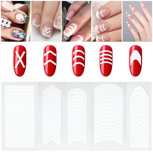 1672 Pieces French Tip Nail Art Stickers, 5 Designs French Manicure Strips Stickers, Self-Adhesive Nail Tips Guides Decals for Edge Auxiliary DIY Decorations Tools (40 Sheets)