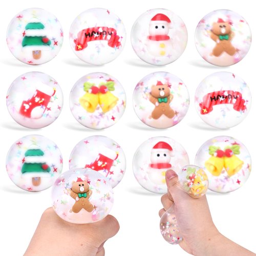 MCPINKY 12PCS Christmas Stress Balls, 2 Inch Squeeze Toys Sensory Fidget Balls for Party Favors Birthday Goodie Bag Stuffers