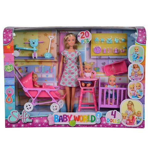 Simba Toys Steffi Love Baby World Set - Kindergarten Teacher Steffi Doll with Baby, Cot, Stroller, High Chair, and Bathtub, Ages 3+