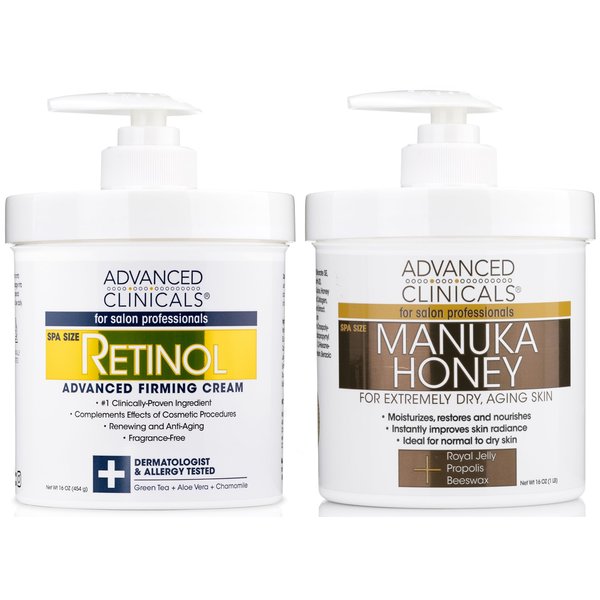Advanced Clinicals Retinol Body Lotion + Manuka Honey Cream 2pc Set | Moisturizer Face Lotion & Body Cream | Crepey Skin Care Treatment | Retinol Cream Targets Look Of Crepe Skin & Sagging Skin, 2pc