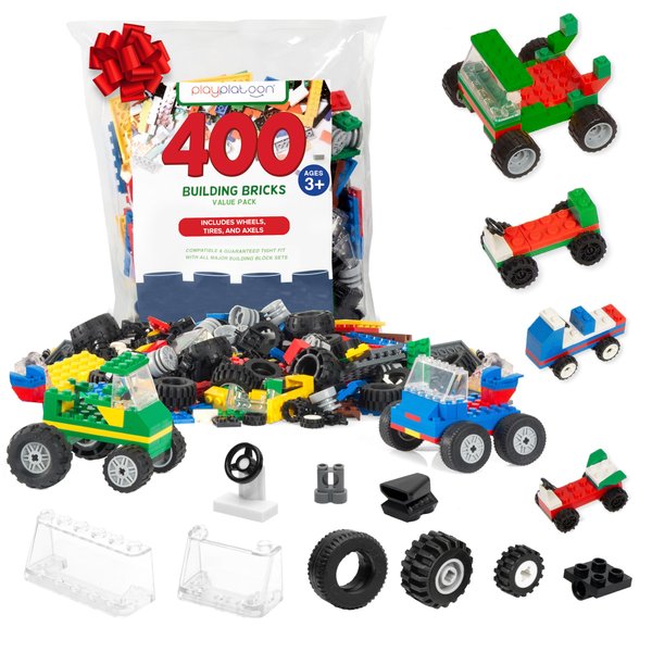 Play Platoon 400 Piece Wheels and Axles Sets, Building Bricks Car Parts and Pieces Kit - Car Building Set with Wheels, Axles & Windshields and Bonus Bricks