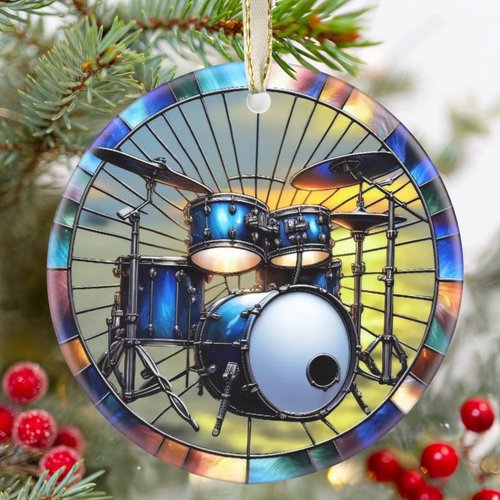 Christmas Ornament - Drum Set Decor Round Ceramic - Drum Set Hanging Ornament - Christmas Tree Decor - Ornaments for Christmas Tree - Gifts for Drum Set Players - Drum Set Themed Gifts