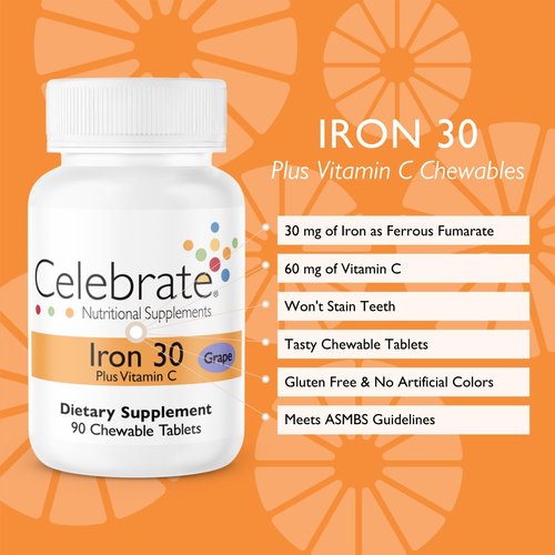 Celebrate Vitamins Iron with Vitamin C Chewables, 30 mg Iron, Grape, Bariatric Vitamins for WLS Patients Including Sleeve Gastrectomy and Gastric Bypass Surgery, 90 Count, 3 Month Supply