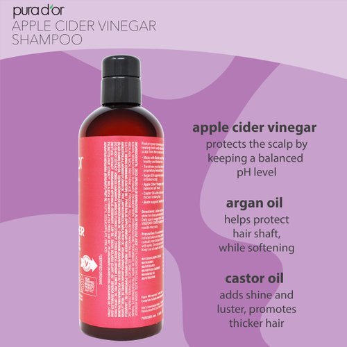 PURA D'OR 16 Oz Apple Cider Vinegar Thin2Thick Shampoo - Biotin, Castor Oil for Reduced Frizz, Split Ends, Clarifying & Detox, No Parabens, No Sulfates, All Hair Types, Men & Women