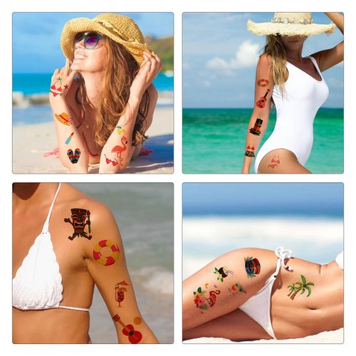 84 Styles Hawaiian Luau Temporary Tattoos Summer Hawaii Sunshine Beach Baby Boy Girl Themed Temporary Tattoos for Kids Teens Adult, Waterproof Tattoos Stickers Party Supplies Decoration