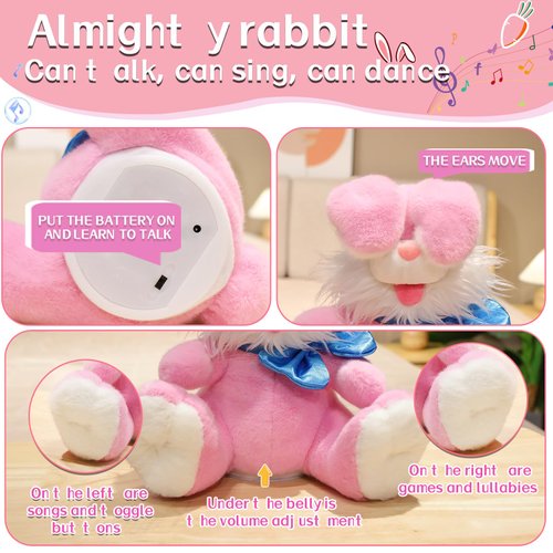Humor Ted Bunny Plush Baby Toys Easter Gifts Bunny Stuffed Animals Peek-A-Boo Toys Repeats What You Say Singing with Floppy Ears Birthday Gift for Toddler 7 8 9 10 11 Months 1-2 Year,12 inch Pink