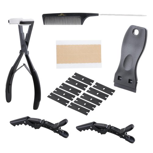 GOO GOO Tape in Hair Extension Tools Kit, with Tape in Hair Extensions Plier, Double Sided Replacement Adhesive Hair Extension Tape Tabs, Tape Remover Scraper Tool, Hair Clips