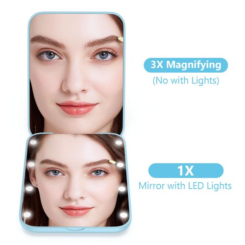 wobsion Mini Pocket Mirror, Led Compact Mirror,1x/3x Magnifying Mirror with Light,2-Sided Handheld Fold Mirror,Small Travel Makeup Mirror,Lighted Compact Mirror for Purse,Gift(Blue)