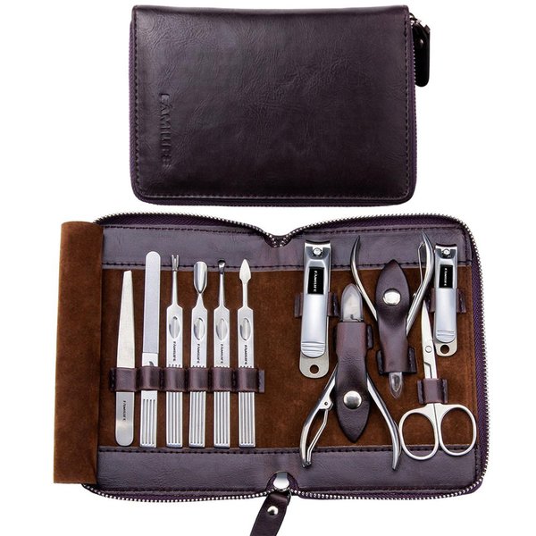 FAMILIFE Manicure Set, Nail Clippers Set Professional Manicure Kit 11 in 1 Stainless Steel Pedicure Tools Nail Kit Mens Grooming Kit with Portable Leather Travel Case Dark Violet Birthday Gifts