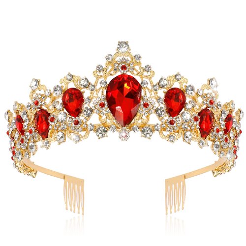 Didder Baroque Vintage Tiara, Red Crystal Crown Tiaras for Women Royal Gold Crowns for Women Tiaras for Girls Tiara Headband Hair Accessories for Bridal Wedding Prom Birthday Party