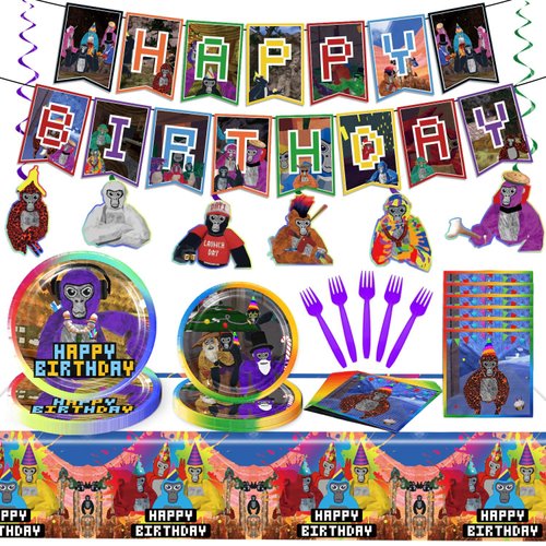 108pcs VR Birthday Decorations Tableware Set, VR Game Theme Birthday Party Decorations Include Banner, Plates, Forks, Napkins, Tablecloth, VR Party Supplies for Fans